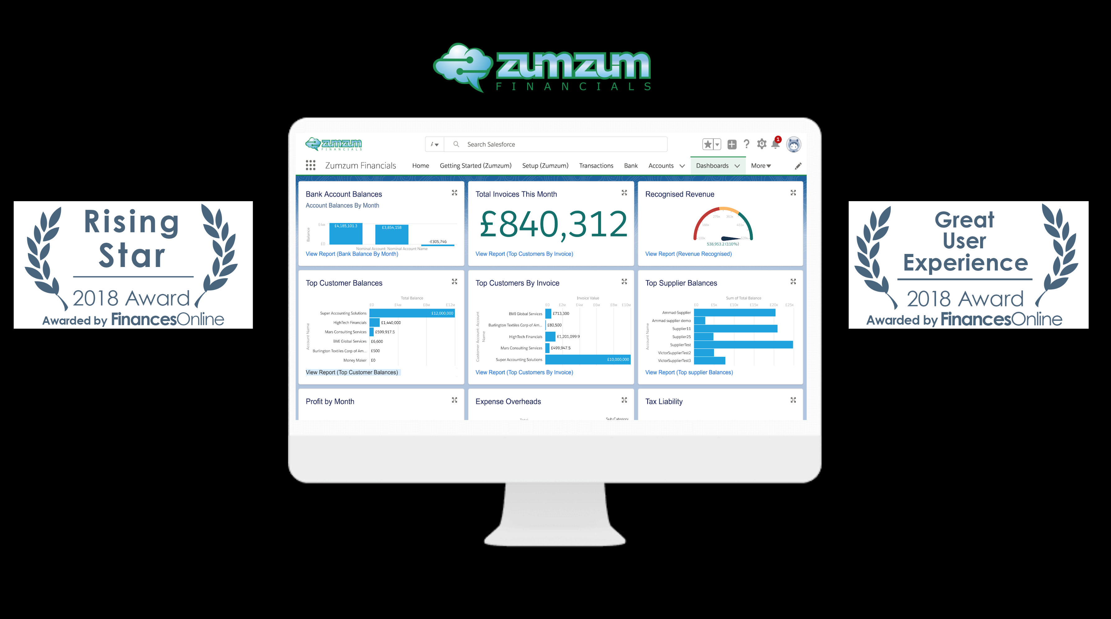 Zumzum Financials, SMB Accounting for Salesforce wins 2018 Great User Experience Award and 2018 Rising Star Award from FinancesOnline