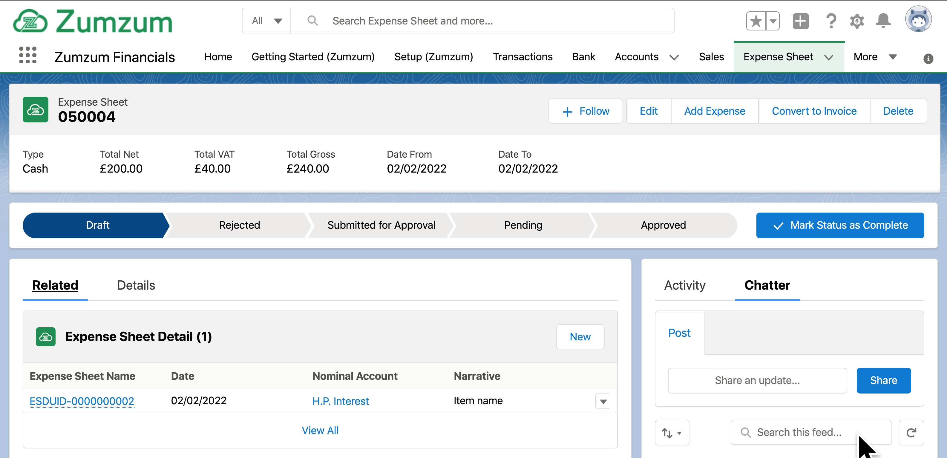 Expense Sheet Lightning Record Page